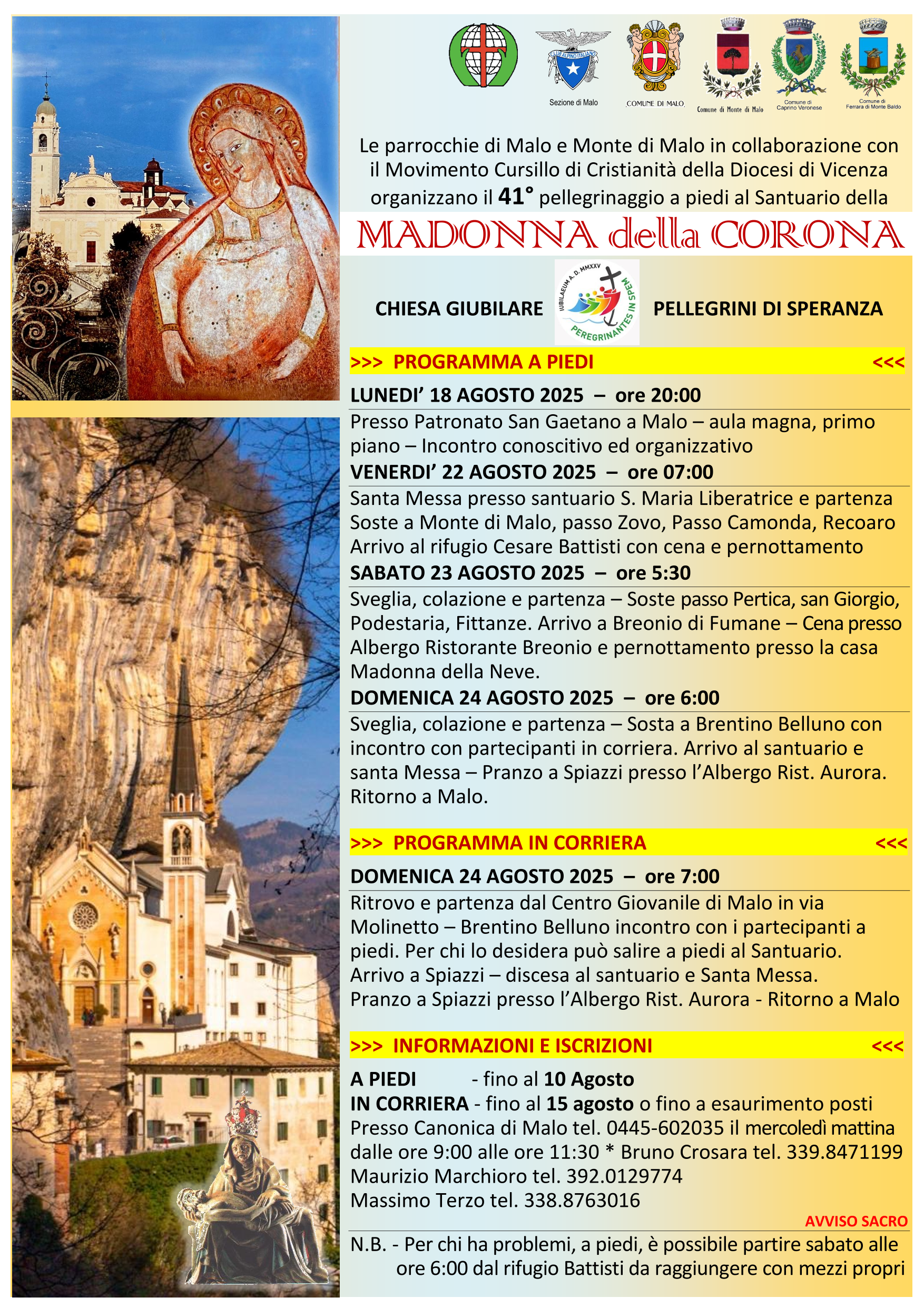 41° pellegrinaggio a piedi al Santuario della Madonna della Corona. Incontro conoscitivo